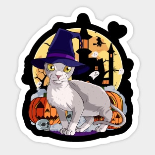 Devon Rex Cat Funny Halloween Witch Pumpkin Sticker